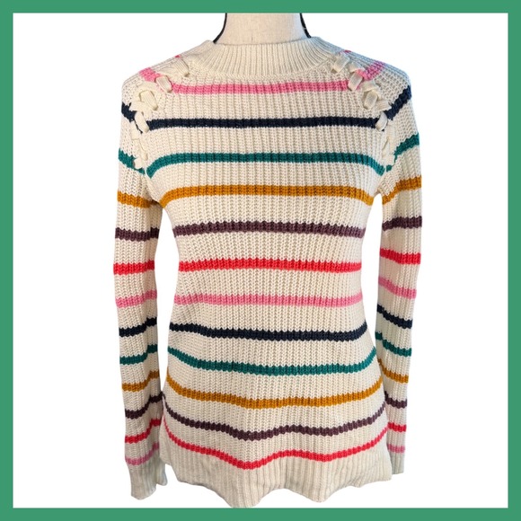 Striped Sweater Women's Crew Neck Shoulder Detail Colorful Knit Pullover - Picture 1 of 12